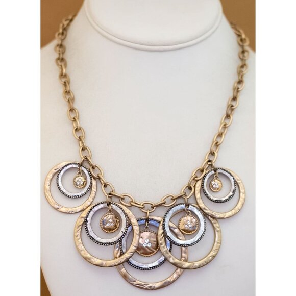 20 inch, Vintage Circle Multi Rings Gold Tone Bib Necklace - U29 - Picture 2 of 3